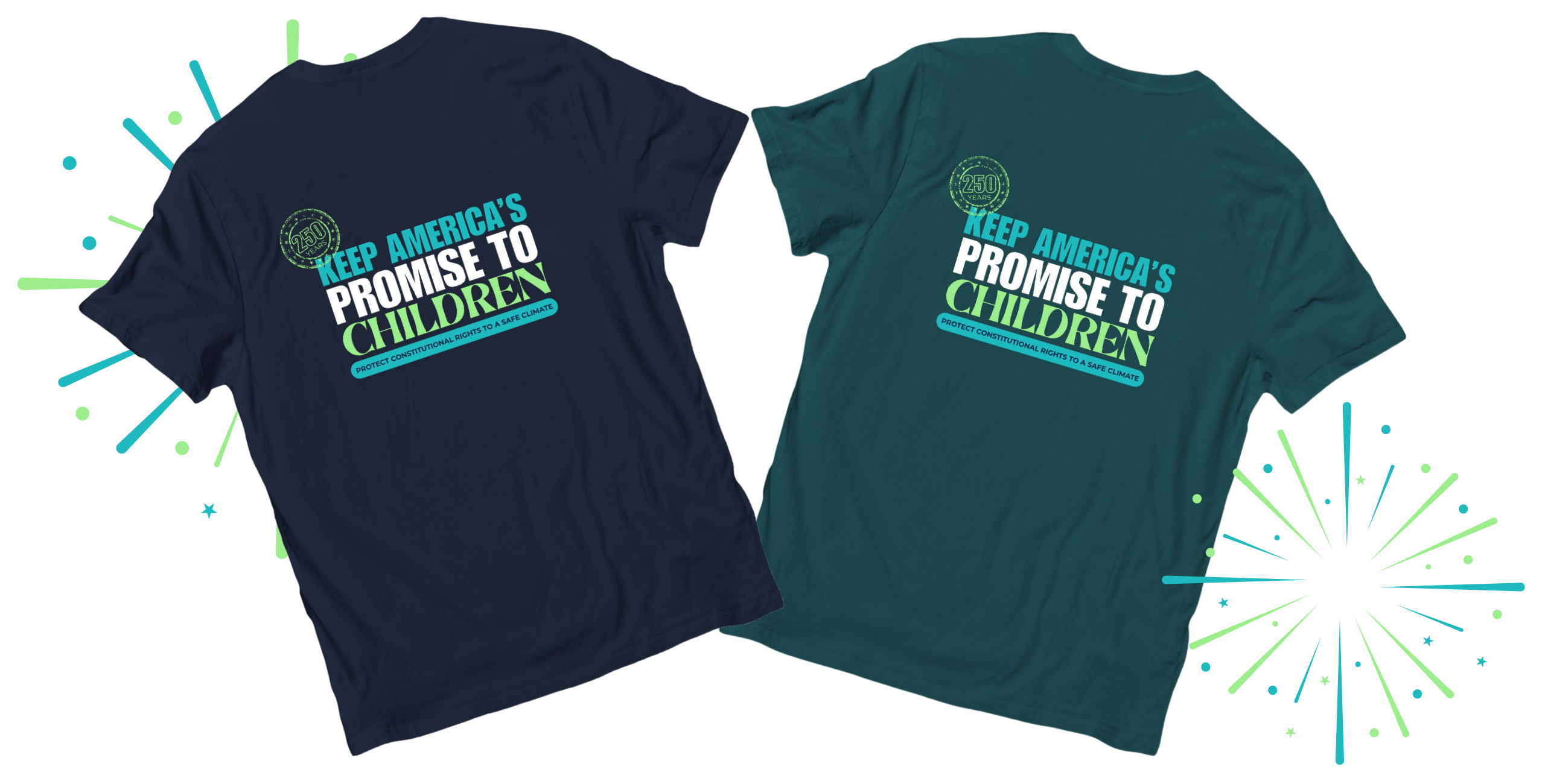 Pictured: a dark blue and a teal t-shirt, with back print that says "Keep Americ
